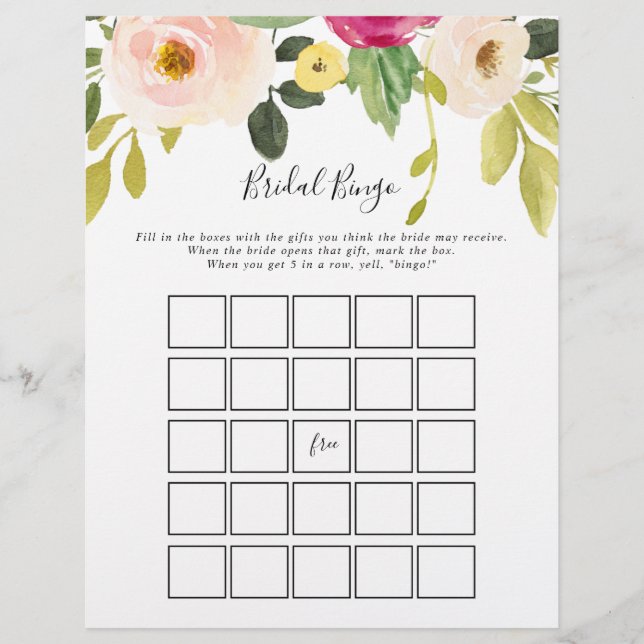 Greenery Pink Blush Bloral Bridal Bingo Spiel (Vorderseite)