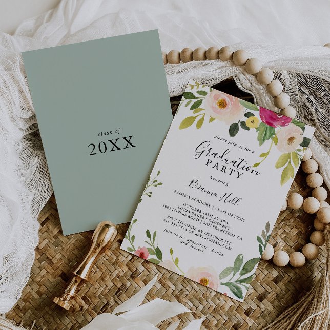 Greenery Pink Blush Bloral Graduation Party Einladung (Von Creator hochgeladen)