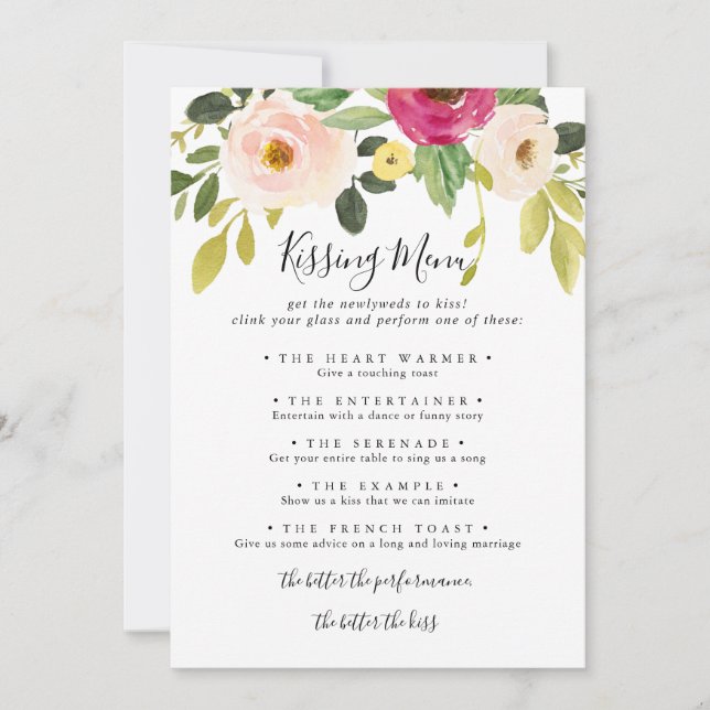 Greenery Pink Blush Wedding Kissing Menu Game Card (Vorderseite)