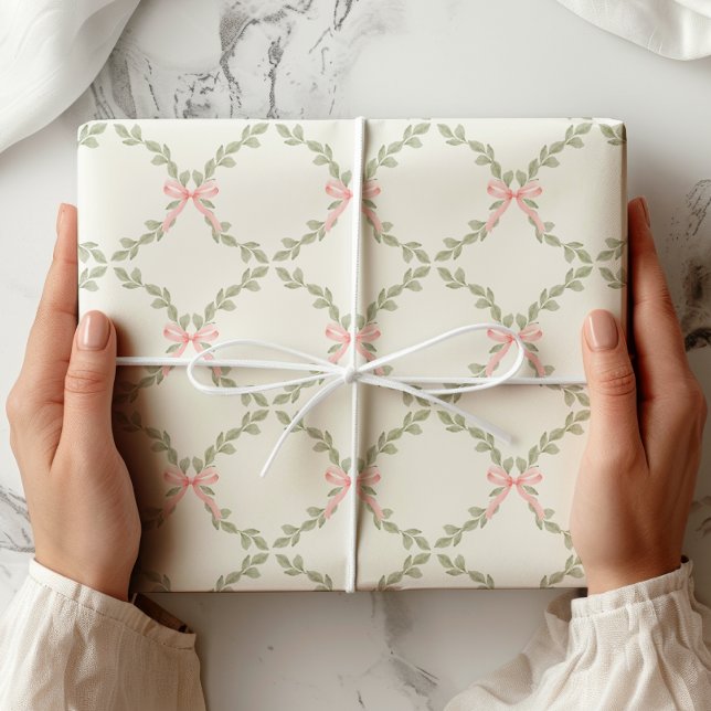 Greenery Pink Bow Trellis Geschenkpapier (Von Creator hochgeladen)