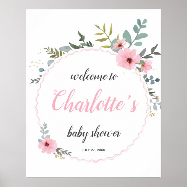 Greenery Pink Eucalyptus  Baby Shower Welcome Sign Poster (Vorne)
