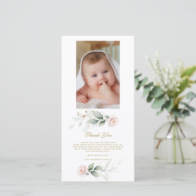 Greenery Pink Floral Gold Foto Christening Dankeskarte (Stehend Vorderseite)