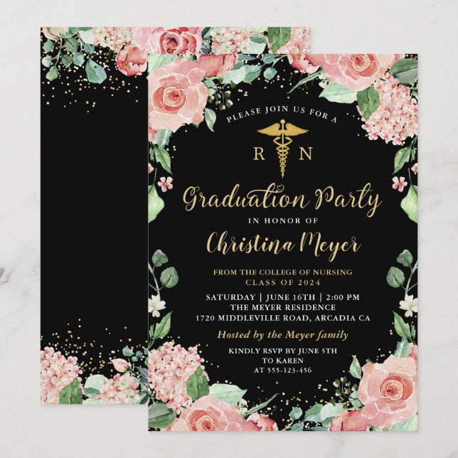 Greenery Pink Floral RN Nursing Graduation Party Einladung (Vorne/Hinten)