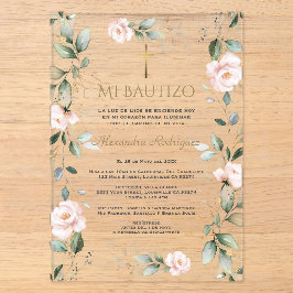 Greenery Pink Floral Spanish Mi Bautizo Baptism Acryleinladungen