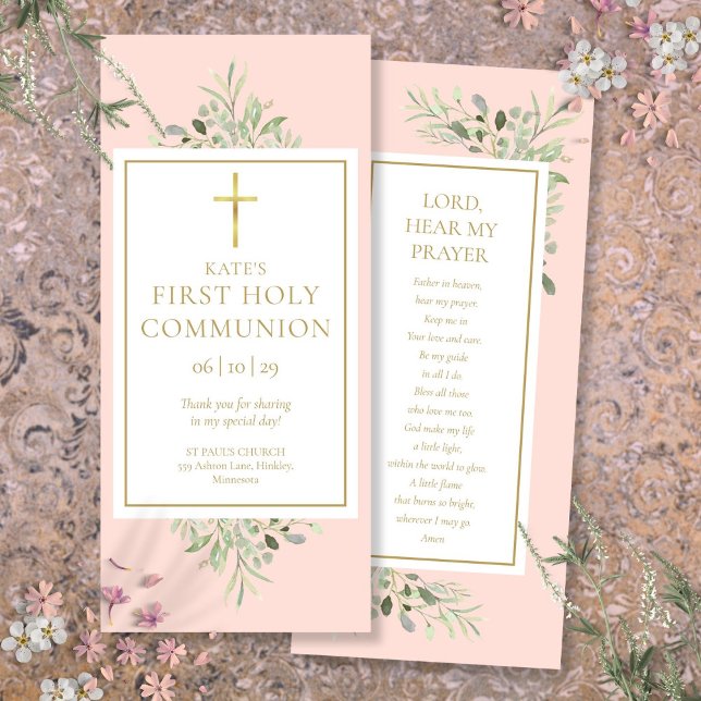Greenery Pink Heilige Kommunion Lesezeichen (Greenery Pink Holy Communion Prayer Card Bookmark)