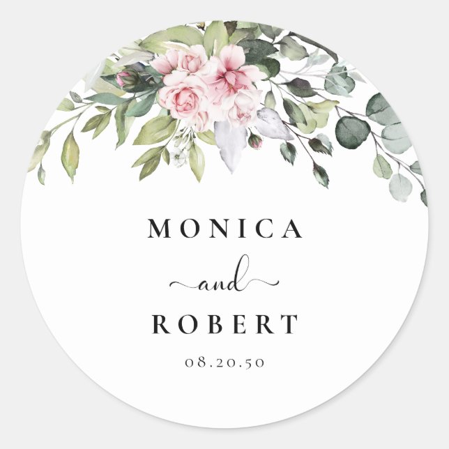 Greenery Pink Rose Wedding Classic Round Sticker (Vorderseite)