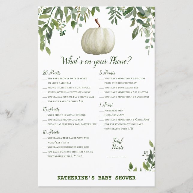Greenery Pumpkin Baby Shower Game PRINTED (Vorderseite)