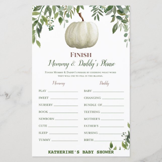 Greenery Pumpkin Baby Shower Game PRINTED (Vorderseite)