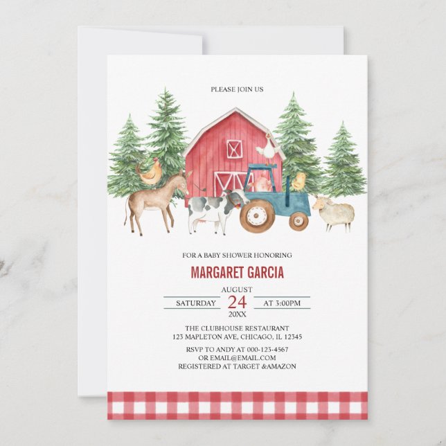 Greenery Red Barnyard Farm Animals Baby Shower Einladung (Vorderseite)
