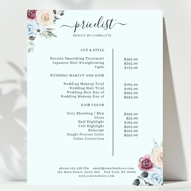 Greenery Rose Salon Price List Poster (Greenery Roses Salon Price List Poster)