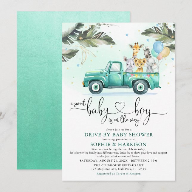 Greenery Safari Animals Drive Through Baby Shower Einladung (Vorne/Hinten)