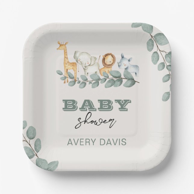 Greenery Safari Baby Shower 7" Square Paper Teller (Vorderseite)