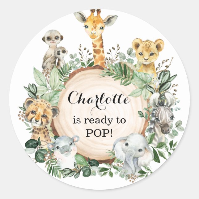 Greenery Safari Jungle Wild Animals Baby Shower Runder Aufkleber (Vorderseite)