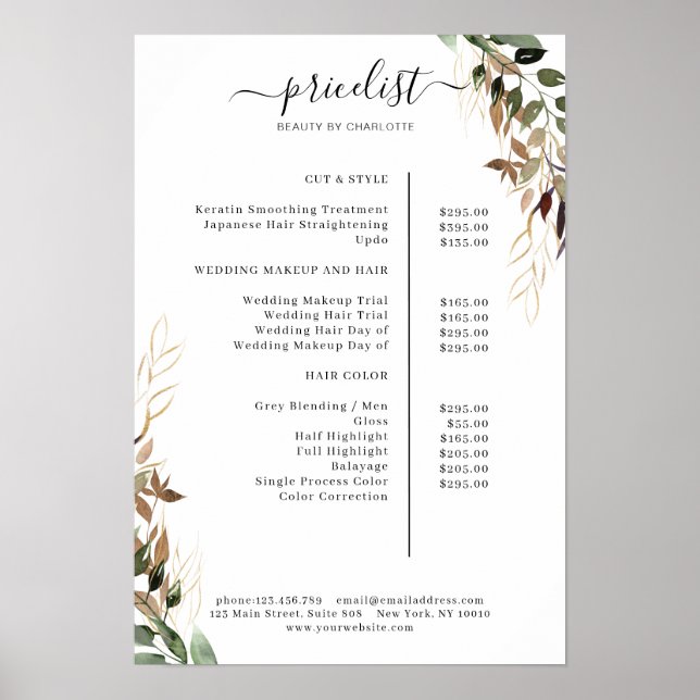 Greenery Salon Price List Poster (Vorne)