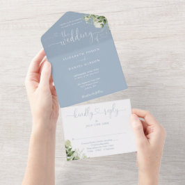 Greenery Script Hearts Dusty Blue Wedding All In One Einladung