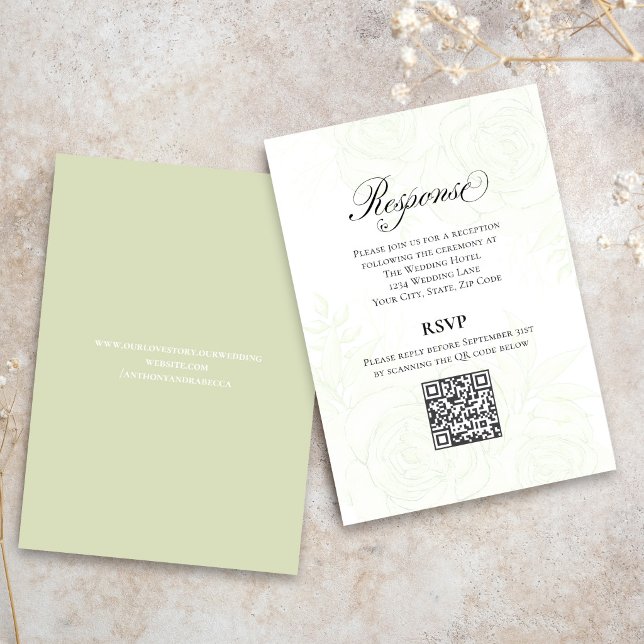 Greenery Script Wedding QR Code RSVP Card Begleitkarte (Light sage green wedding website card with minimalist text and modern layout.)