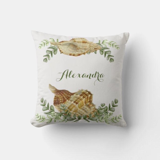 Greenery Seashell Nautical Cream Muscheln Küste Kissen (Vorderseite)