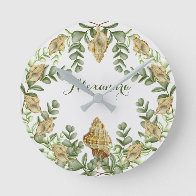 Greenery Seashell Nautical Cream Muscheln Küste Runde Wanduhr (Vorderseite)