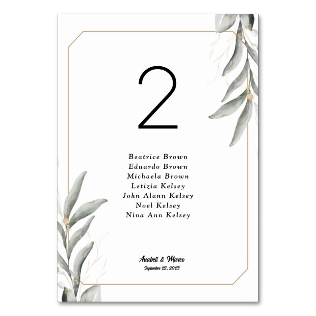 Greenery Seating Chart Cards Tischnummer (Vorderseite)