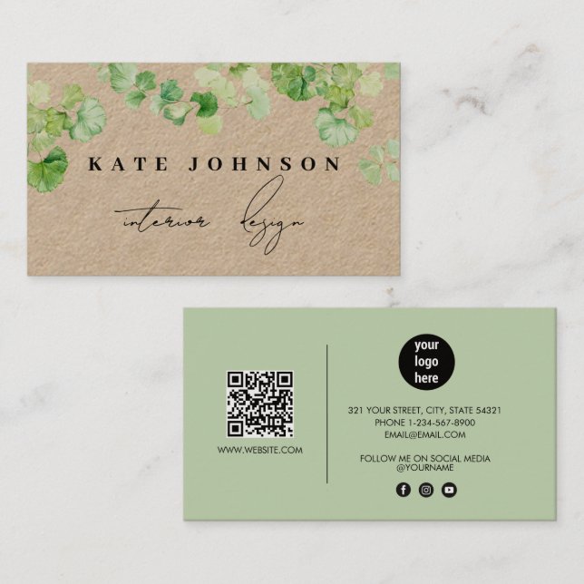Greenery Signature Script QR Code Rustic Kraft Visitenkarte (Vorne/Hinten)