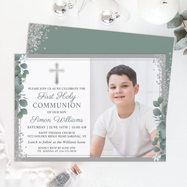 Greenery Silver Glitter First Holy Communion Foto Einladung (Von Creator hochgeladen)