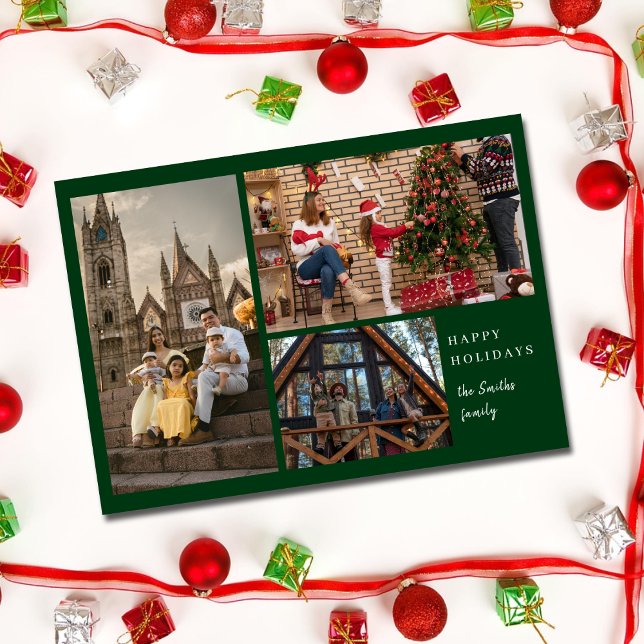 Greenery Simple Elegant 3 Foto Feiertagskarte (Von Creator hochgeladen)