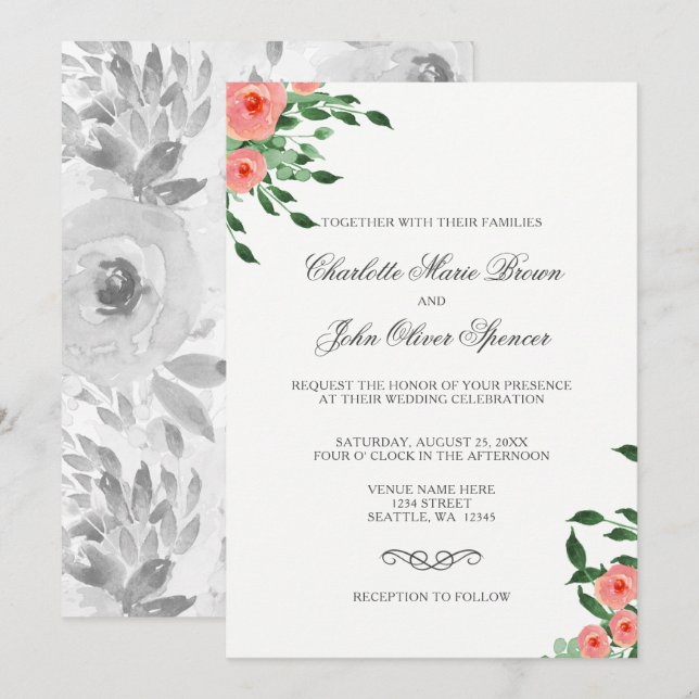Greenery Simple Peach Blume Einladungen Hochzeiten (Vorne/Hinten)