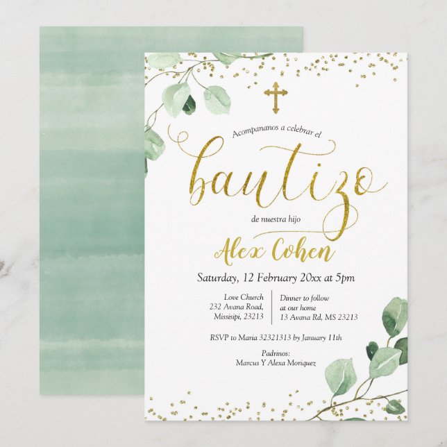 Greenery Spanish Boy Bautizo Einladung (Vorne/Hinten)