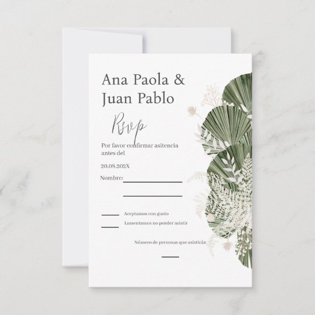 Greenery Spanish Wedding RSVP Karte (Vorderseite)