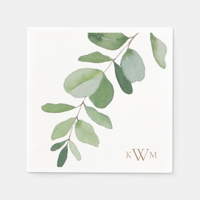 Greenery Stem Gold Monogram Wedding Serviette (Vorderseite)