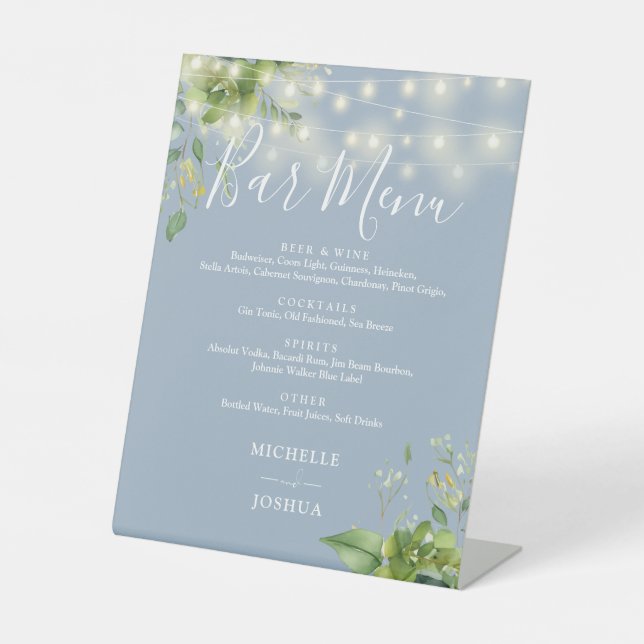 Greenery String Lights Dusty Blue Wedding Bar Menu Sockelschild (Vorderseite)
