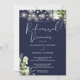 Greenery String Lights Navy Blue Rehearsal Dinner Einladung