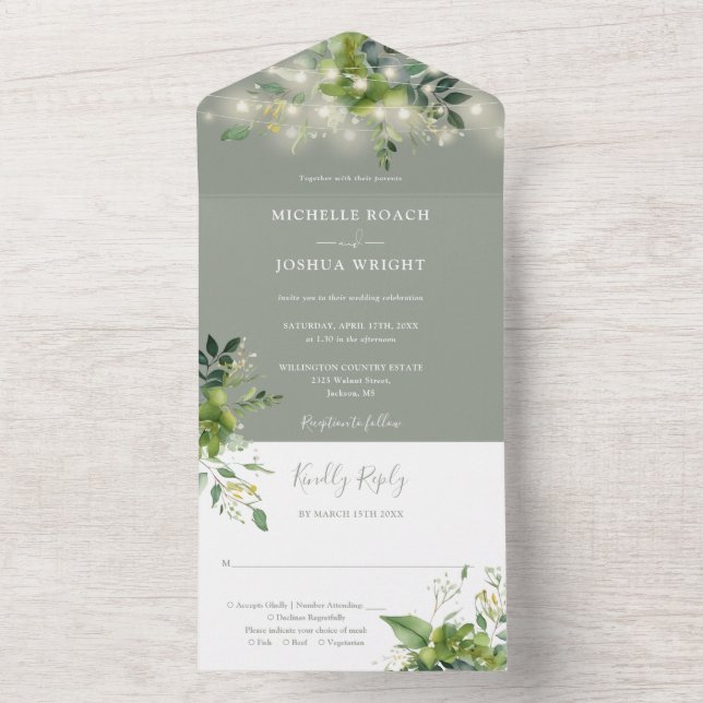 Greenery String Lights Sage Green Wedding All In One Einladung (Innen Boden)