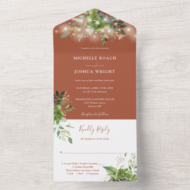 Greenery String Lights Terracotta Wedding All In One Einladung (Innen Boden)