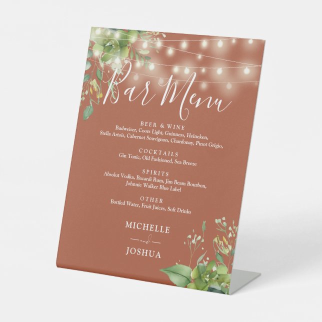 Greenery String Lights Terracotta Wedding Bar Menu Sockelschild (Vorderseite)