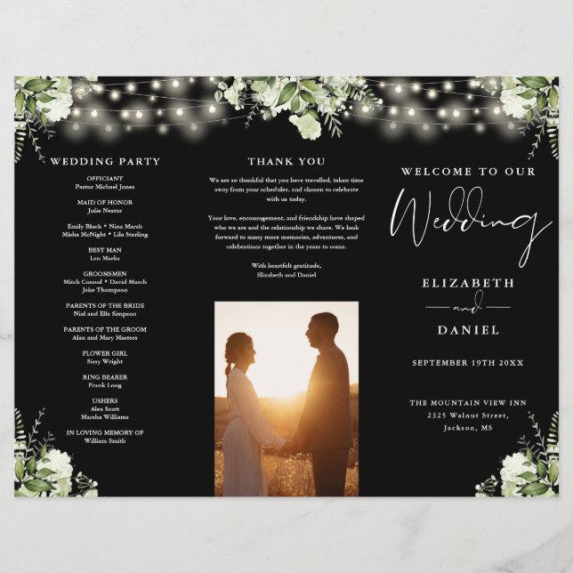 Greenery String Lights Trifold Wedding Program Flyer (Vorne)