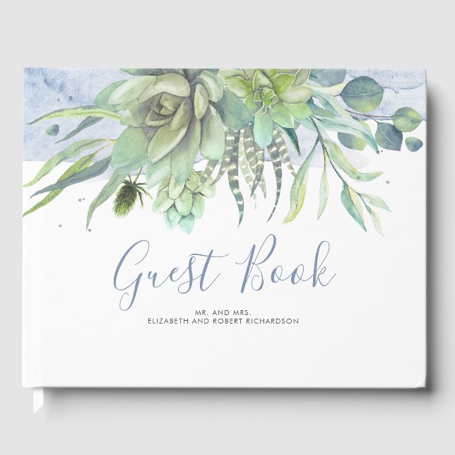 Greenery Succulents Dusty Blue Wedding Gästebuch (Vorderseite)