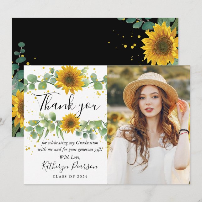 Greenery Sunflower Abschluss Foto Danke, Card Dankeskarte (Vorne/Hinten)