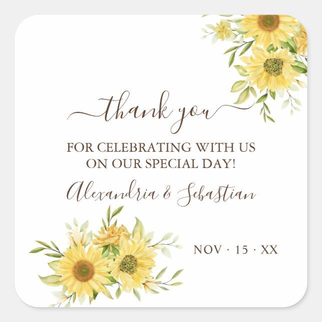 Greenery Sunflower Wedding Vielen Dank Quadratischer Aufkleber (Vorderseite)