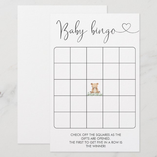 Greenery Teddy Bear Baby Shower Bingo Game (Vorne/Hinten)