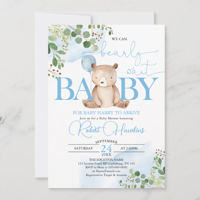 Greenery Teddy Bear Balloon Baby Shower Einladung (Vorderseite)