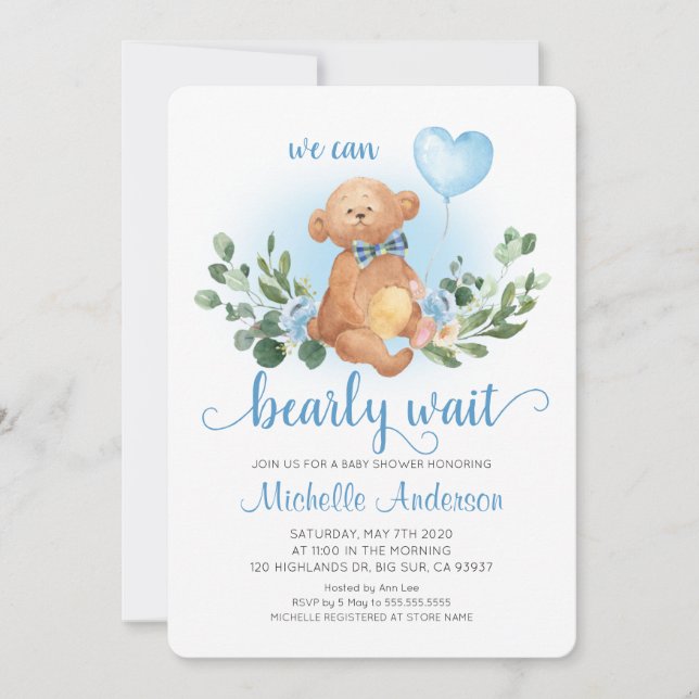Greenery Teddy Bear Bear Bearly Wait Baby Shower Einladung (Vorderseite)
