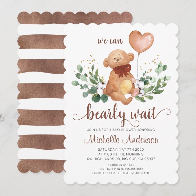 Greenery Teddy Bear Bear Bearly Wait Baby Shower Einladung (Vorne/Hinten)