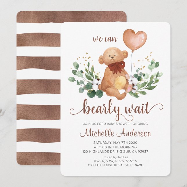 Greenery Teddy Bear Bear Bearly Wait Baby Shower Einladung (Vorne/Hinten)