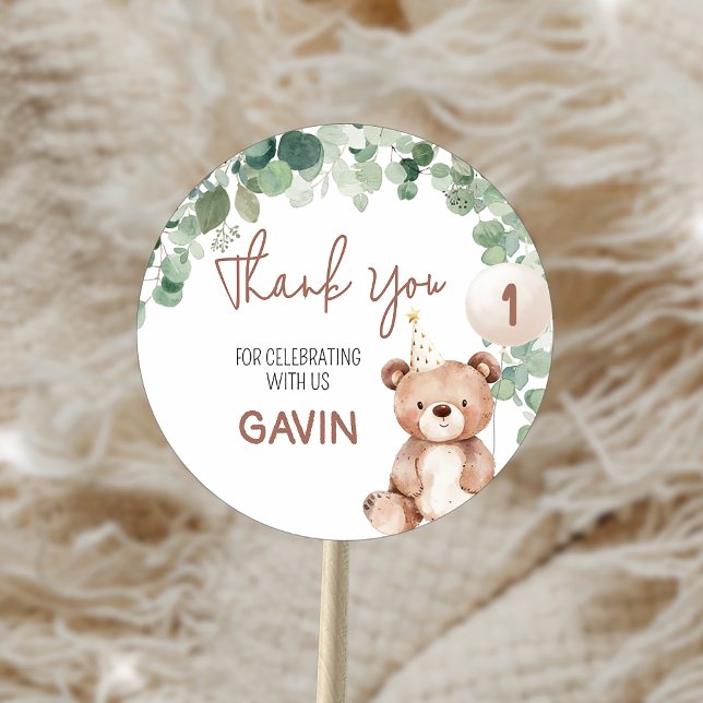 Greenery Teddy Bear Geburtstagsparty Runder Aufkleber (Greenery Teddy Bear Birthday Party Sticker)