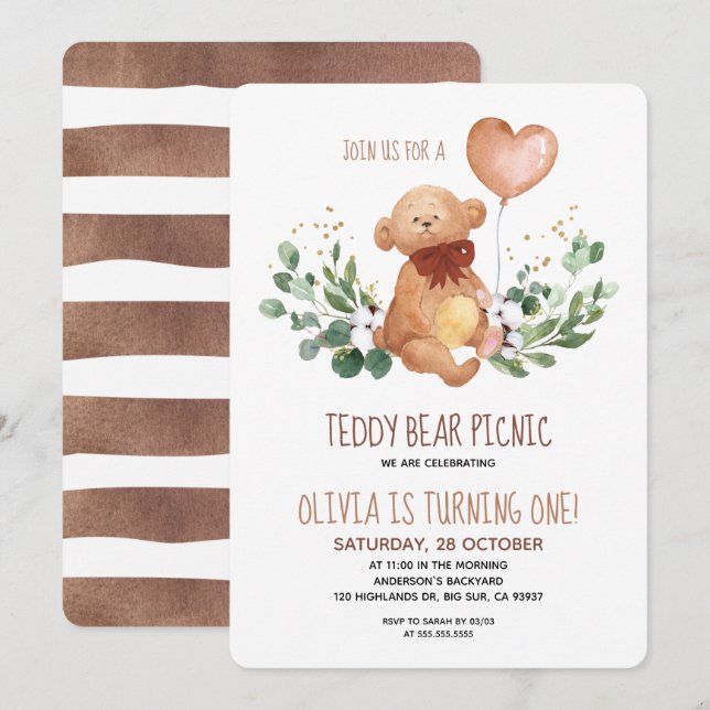 Greenery Teddy Bear Picnic Baby Birthday Einladung (Vorne/Hinten)