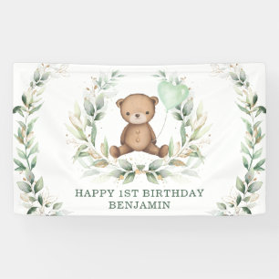 Greenery Teddy Bear Yellow Ballon Happy Birthday Banner