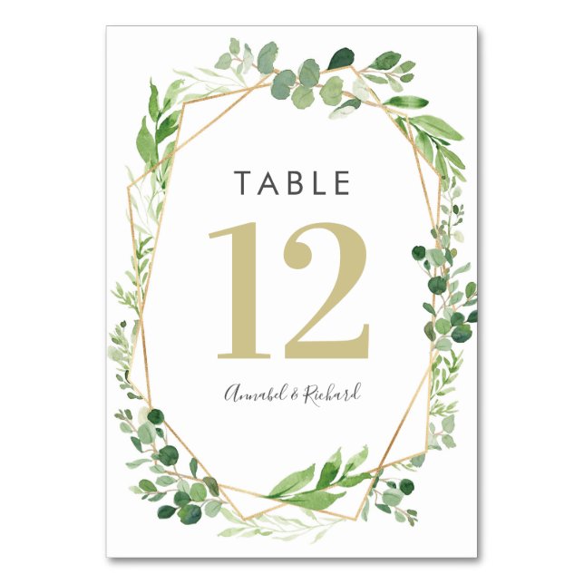 Greenery Terrarium und Gold Hochzeitskarten Tischnummer (Rückseite)