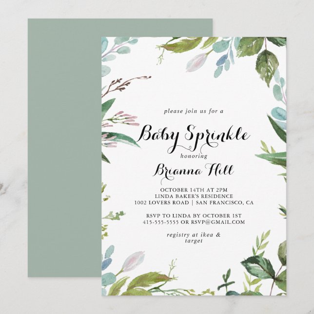 Greenery Tropical Modern Calligraphy Baby Sprinkle Einladung (Vorne/Hinten)