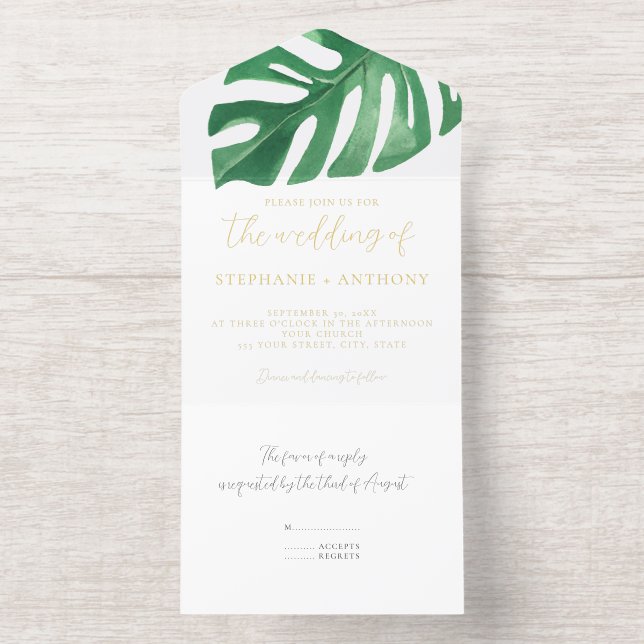 Greenery Tropical Monstera Blätter Summer Wedding All-in-One-Einladung (Innenseite)